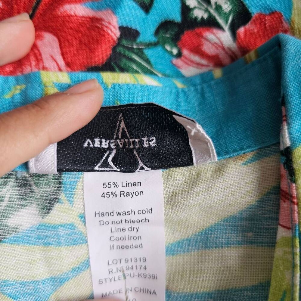 Vintage versailles womens Sz10 blue multicolor floral Hawaiian shirt linen blend - Picture 7 of 7